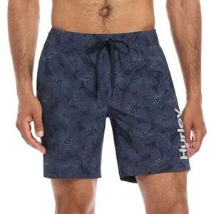 Hurley Mens Navy Blue Floral Board Shorts XXL Elastic Waist Swim Trunks Hibiscus